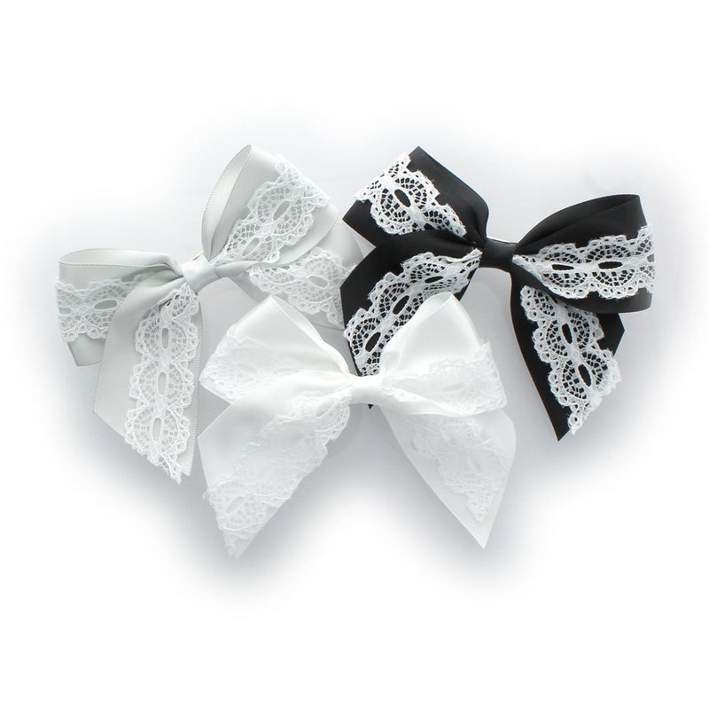 My Lello Medium 4 Girls HairBow Barrette Satin  Lace Mixed Variety 3 Pack GrayBlackWhite