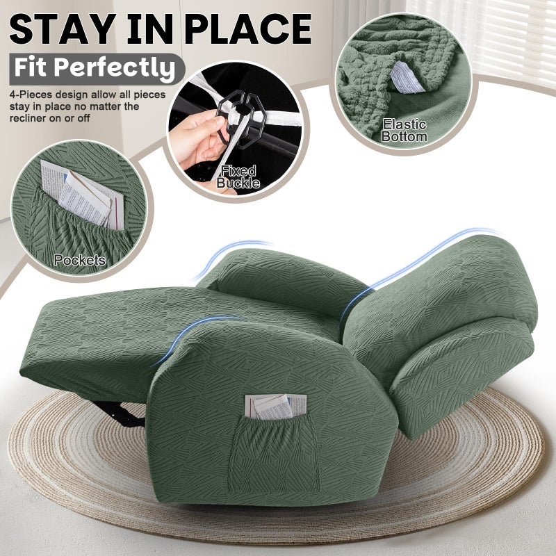 VANSOFY Recliner Chair Covers, 4-Pieces Stretch Recliner Cover Jacquard Soft Reclining Chair Slipcover Furniture Protector with Elastic Bottom for Lazy Boy Recliner(Bean Green) - Image 3