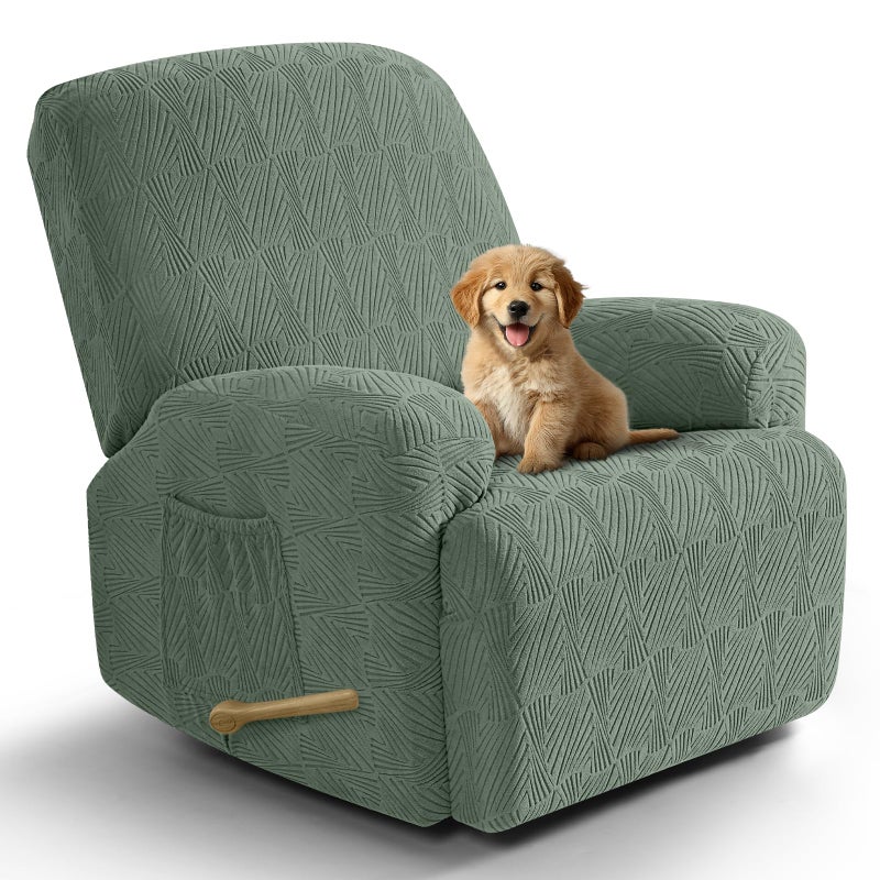 VANSOFY Recliner Chair Covers, 4-Pieces Stretch Recliner Cover Jacquard Soft Reclining Chair Slipcover Furniture Protector with Elastic Bottom for Lazy Boy Recliner(Bean Green) - Image 1
