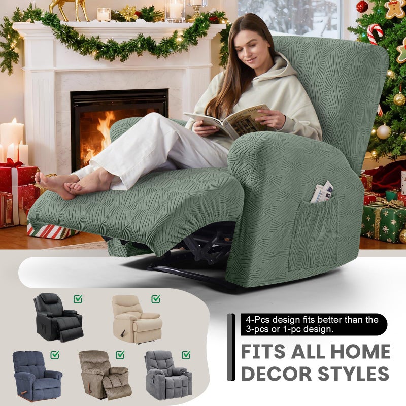 VANSOFY Recliner Chair Covers, 4-Pieces Stretch Recliner Cover Jacquard Soft Reclining Chair Slipcover Furniture Protector with Elastic Bottom for Lazy Boy Recliner(Bean Green) - Image 5
