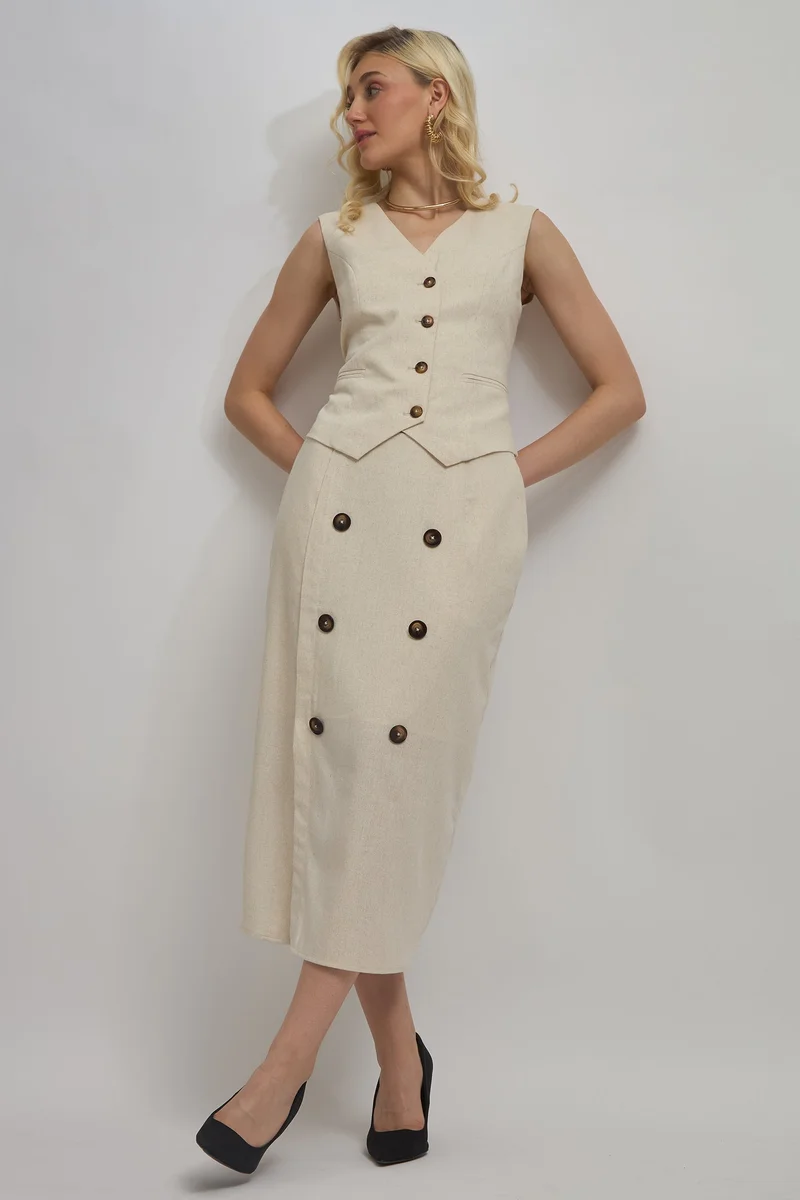 فيرجيو Solid Linen Double Breasted Midi Skirt for Women