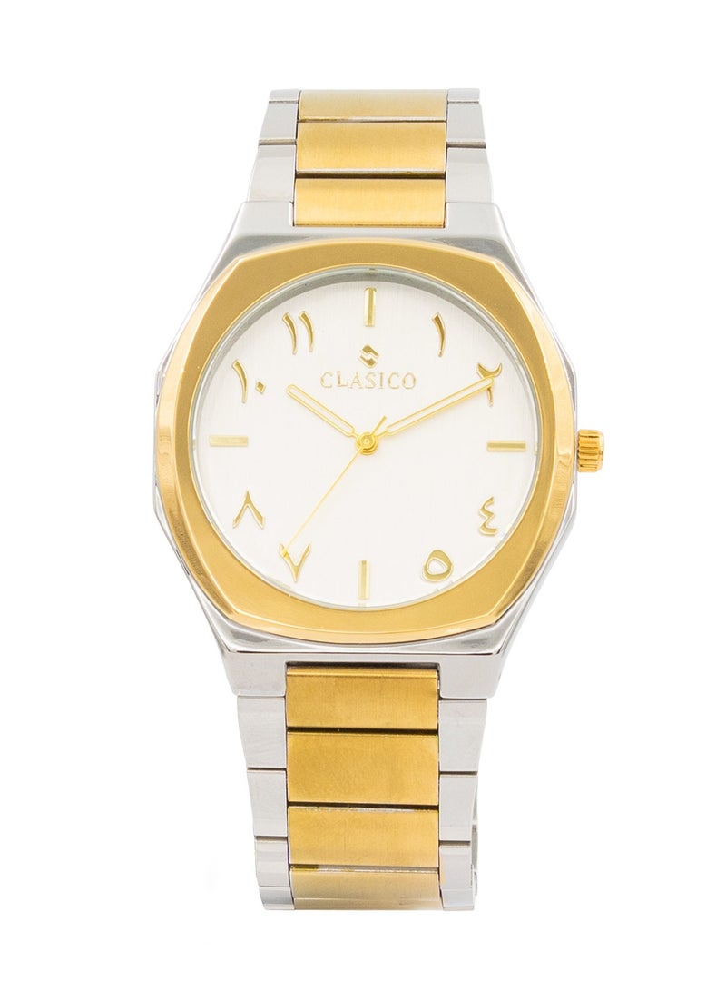 Clasico ساعة فخر للرجال بقرص عربي فاخرة 40 مم - لونين فضي وذهبي، حركة كوارتز، ظهر من الفولاذ المقاوم للصدأ - Image 1