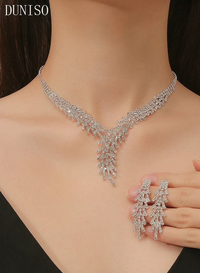 DUNISO 2Piece Necklace and Earrings Set Full Diamond V Neck Necklace Crystal Earrings Wedding Bridal Bridesmaid Costume Jewelry Set for Women and Girls Dress Accessories - Image 1