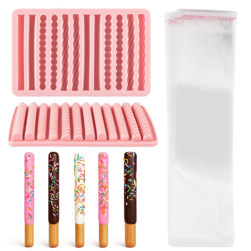 LemonRoad 102 Pcs Pretzel Rods Making Set Include 2 Pretzel Rods Molds and 100 Pcs 2x10 Inches Clear Self Sealing Cellophane Bag for Christmas Wedding Birthday Treat Party - Image 1