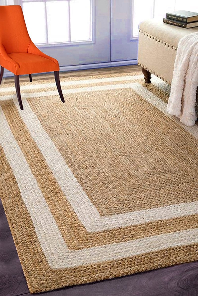 AROMICK Live Beautiful Handwoven Jute Rectangular Shape Rug Reversible Doormat for Bedroom Living Room and Home Decoration for All Seasons 8x8 Feet Natural and White  - Image 1