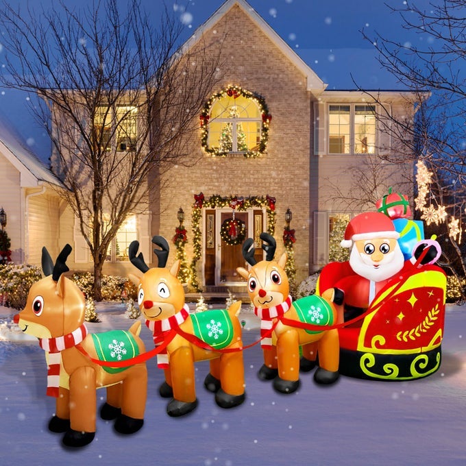GIANT INFLATABLE OUTDOOR DECORATION SANTA CLAUS ON SLEIGH WITH 3 REINDEER BUILTIN LED LIGHT CHRISTMAS DECORATIONS FOR LAWN PARTY HOLIDAY