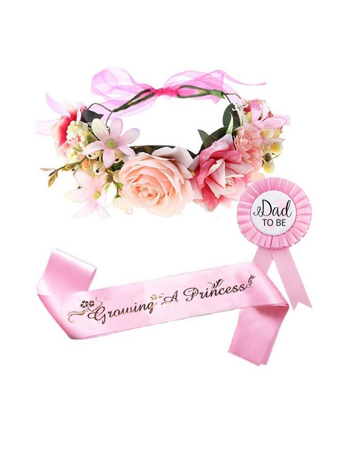 Ulfanit Girls Baby Shower Decoration - Adjustable Flower Crown Tiara and Growing A Princess Sash, Daddy Pin, Pink Party Gifts for Expectant Mom Dad Parents - Image 1