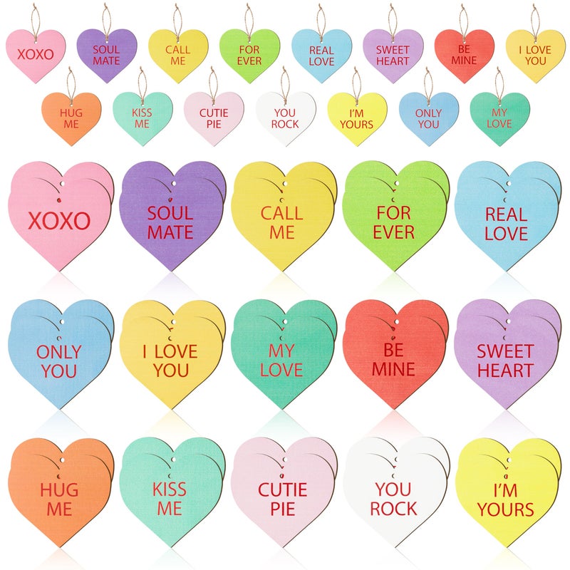 CPicdn 45Pcs Valentineâ€™s Day Conversation Heart Wooden Hanging Ornament Decoration, Candy Heart Signs Hanging Decor Wood Slices Embellishment with Rope Valentines Gift Party Supplies - Image 1