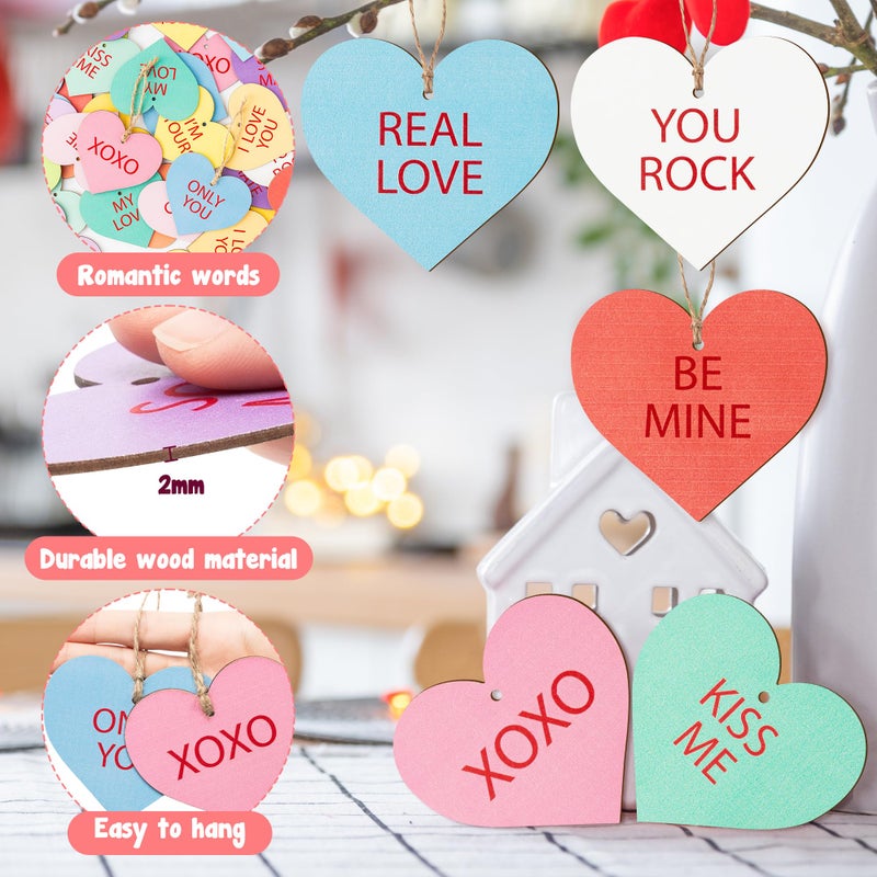 CPicdn 45Pcs Valentineâ€™s Day Conversation Heart Wooden Hanging Ornament Decoration, Candy Heart Signs Hanging Decor Wood Slices Embellishment with Rope Valentines Gift Party Supplies - Image 3