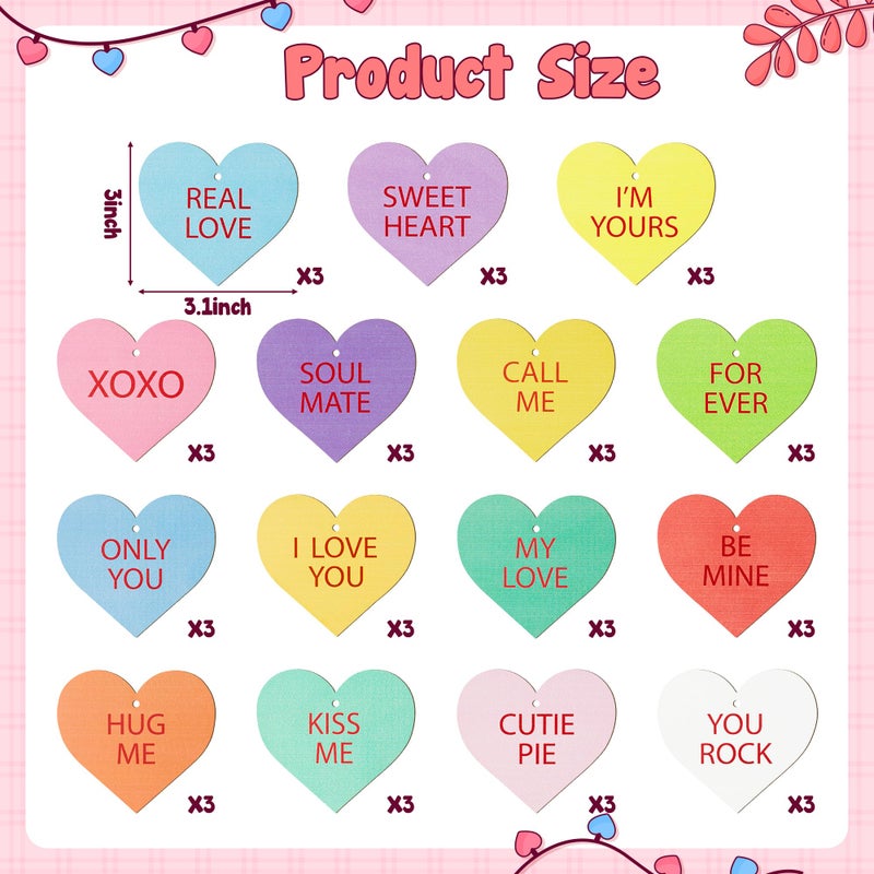 CPicdn 45Pcs Valentineâ€™s Day Conversation Heart Wooden Hanging Ornament Decoration, Candy Heart Signs Hanging Decor Wood Slices Embellishment with Rope Valentines Gift Party Supplies - Image 2