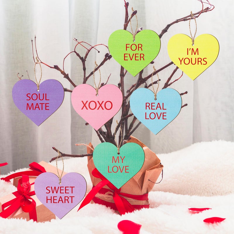 CPicdn 45Pcs Valentineâ€™s Day Conversation Heart Wooden Hanging Ornament Decoration, Candy Heart Signs Hanging Decor Wood Slices Embellishment with Rope Valentines Gift Party Supplies - Image 4