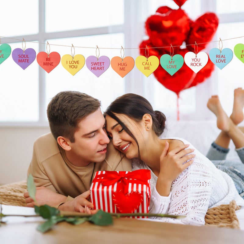 CPicdn 45Pcs Valentineâ€™s Day Conversation Heart Wooden Hanging Ornament Decoration, Candy Heart Signs Hanging Decor Wood Slices Embellishment with Rope Valentines Gift Party Supplies - Image 5