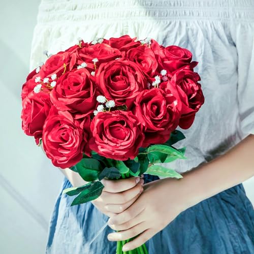 JUSTOYOU 10Pcs Artificial Roses Flowers, Realistic Blossom Roses, Real Touch Silk Rose, Single Fake Flower Long Stem Bouquets for Home Wedding Party Decoration - Image 4