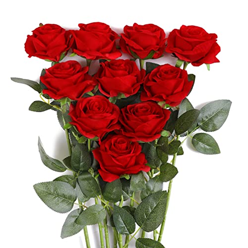 JUSTOYOU 10Pcs Artificial Roses Flowers, Realistic Blossom Roses, Real Touch Silk Rose, Single Fake Flower Long Stem Bouquets for Home Wedding Party Decoration - Image 1