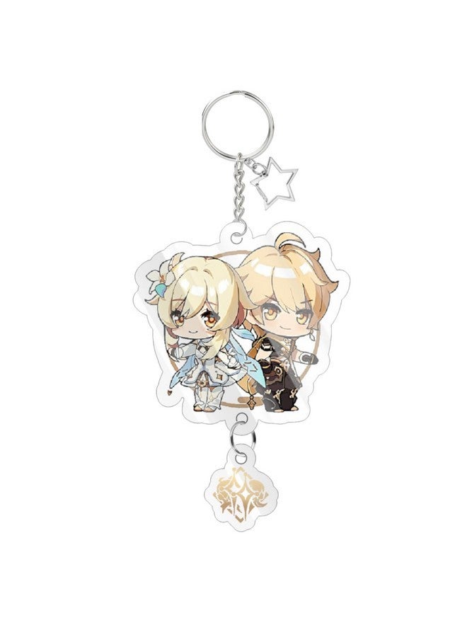 Careflection Genshin Impact Cute Traveler Outlander Chibi Game Acrylic Keychain Japanese Anime Cartoon Key Charm Rings - Image 1
