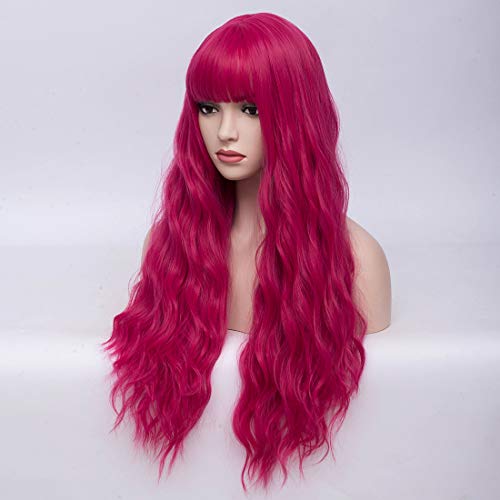 BERON 27 Inches Dark Pink Wig with Bangs Hot Pink Wig for Women Fluffy Wavy Heat Resistant Synthetic Wig (Hot Pink) - Image 4