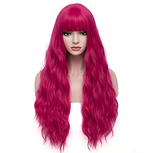 BERON 27 Inches Dark Pink Wig with Bangs Hot Pink Wig for Women Fluffy Wavy Heat Resistant Synthetic Wig (Hot Pink) - Image 1