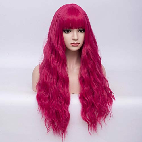 BERON 27 Inches Dark Pink Wig with Bangs Hot Pink Wig for Women Fluffy Wavy Heat Resistant Synthetic Wig (Hot Pink) - Image 2