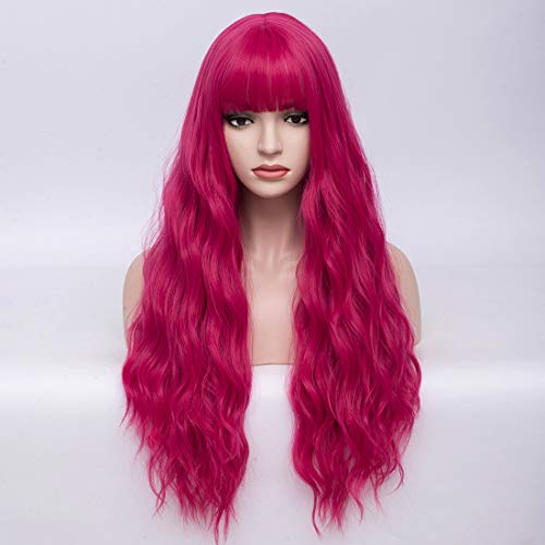 BERON 27 Inches Dark Pink Wig with Bangs Hot Pink Wig for Women Fluffy Wavy Heat Resistant Synthetic Wig (Hot Pink) - Image 3