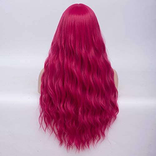 BERON 27 Inches Dark Pink Wig with Bangs Hot Pink Wig for Women Fluffy Wavy Heat Resistant Synthetic Wig (Hot Pink) - Image 5