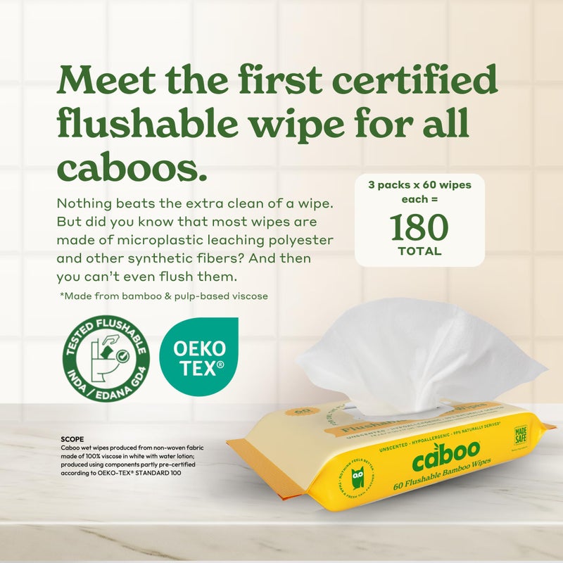 Caboo Tree Free Flushable Wipes, Certified Flushable, Septic Safe, Biodegradable, Chemical Free, Unscented Wipes for Adults made with Renewable Bamboo Based Viscose (Pack of 3, Total of 180) - Image 2