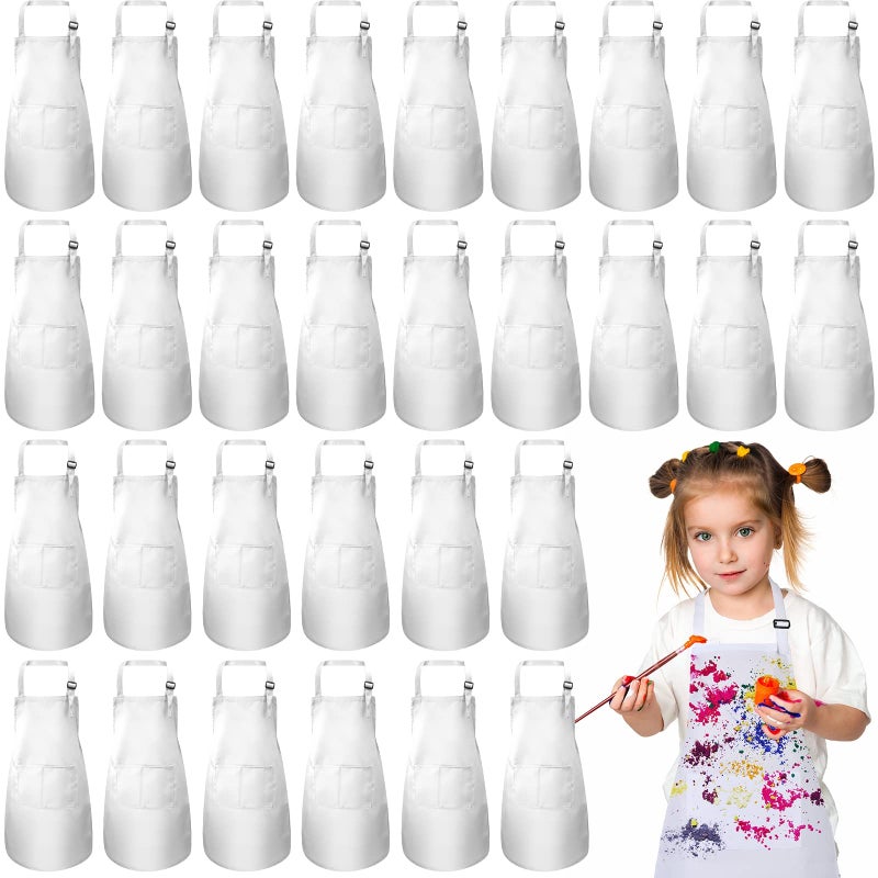 Handepo 30 Pcs Kids Chef Aprons Adjustable Children Artists Aprons Child Bib for Painting Cooking Kitchen Grilling713 YearsWhite - Image 2
