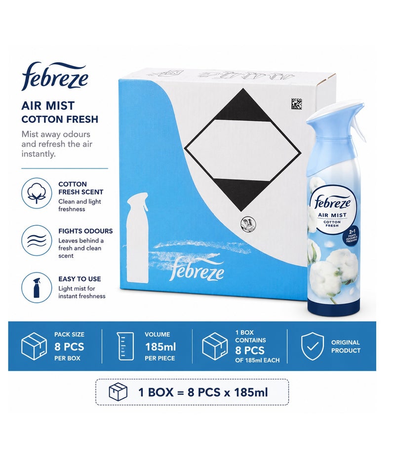 Febreze Air Mist Cotton Fresh Air Freshener Spray 185ml Pack of 8 - Image 2