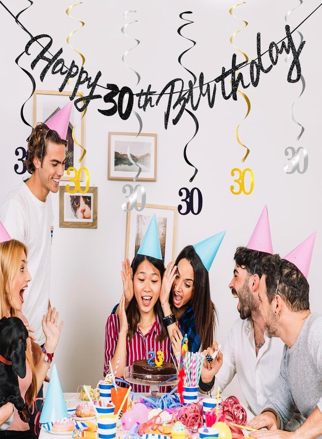 مجموعة زينة عيد الميلاد الثلاثين للأولاد، تتضمن شرائط حلزونية، ولافتة معلقة على شكل دوامة مكتوب عليها "عيد ميلاد سعيد الثلاثين" للبنات، وزينة حفلات عيد الميلاد الثلاثين باللونين الأسود والذهبي. - Image 3