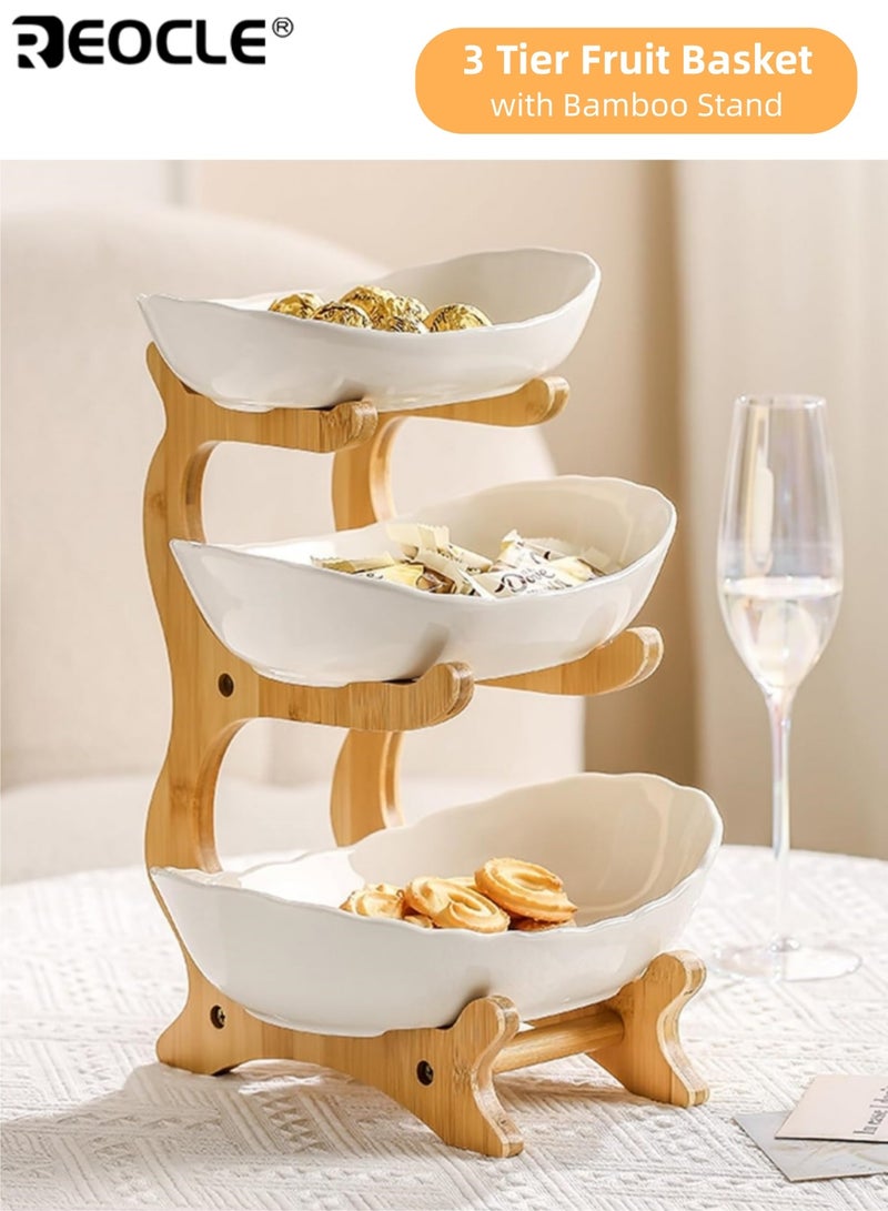 REOCLE 3 Tier Fruit and Vegetable Basket with Bamboo Stand Versatile Kitchen Organizer for Fruits Vegetables Perfect for Refrigerator Storage and Kitchen Use - Image 1