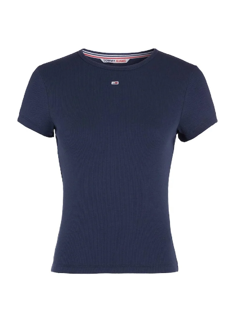 TOMMY JEANS Women's Essential Ribbed Fitted Casual T-Shirt, Navy