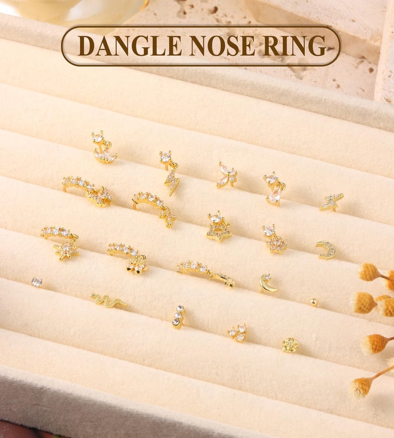 CASDAN 20Pcs 20G Surgical Steel Dangle Nose Rings for Women L Shaped Dangling Nose Rings Studs Hoops Stainless Steel Flower Butterfly Moon Dangle Nose Piercing Jewelry(Gold/Silver Color) - Image 5