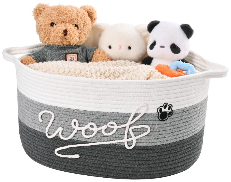 Degeyoyo Woof Dog Toy Basket with Handles, Large Dog Toy Storage Bin with Paw Print, Woven Dog Basket for Blankets, Toys, Chews, Pet Toy Box for Nursery, Living Room, Bedroom, 17â€x12â€x9, Grey - Image 1
