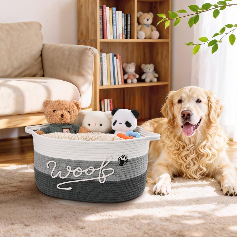 Degeyoyo Woof Dog Toy Basket with Handles, Large Dog Toy Storage Bin with Paw Print, Woven Dog Basket for Blankets, Toys, Chews, Pet Toy Box for Nursery, Living Room, Bedroom, 17â€x12â€x9, Grey - Image 2