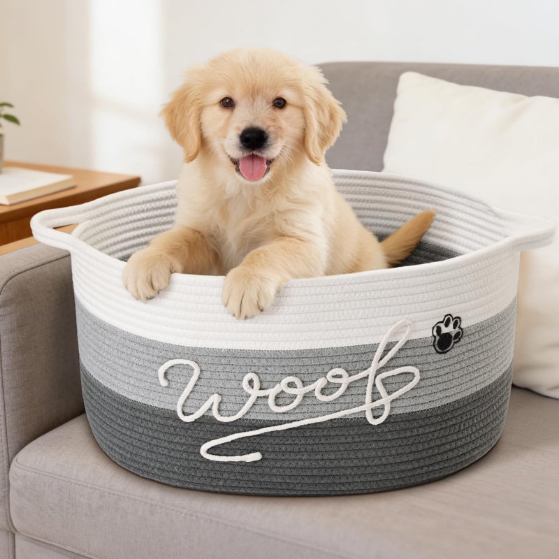 Degeyoyo Woof Dog Toy Basket with Handles, Large Dog Toy Storage Bin with Paw Print, Woven Dog Basket for Blankets, Toys, Chews, Pet Toy Box for Nursery, Living Room, Bedroom, 17â€x12â€x9, Grey - Image 5