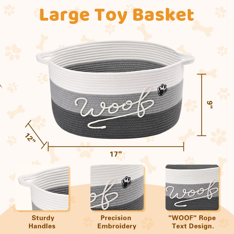 Degeyoyo Woof Dog Toy Basket with Handles, Large Dog Toy Storage Bin with Paw Print, Woven Dog Basket for Blankets, Toys, Chews, Pet Toy Box for Nursery, Living Room, Bedroom, 17â€x12â€x9, Grey - Image 4