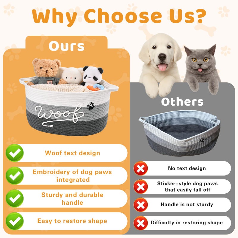 Degeyoyo Woof Dog Toy Basket with Handles, Large Dog Toy Storage Bin with Paw Print, Woven Dog Basket for Blankets, Toys, Chews, Pet Toy Box for Nursery, Living Room, Bedroom, 17â€x12â€x9, Grey - Image 3