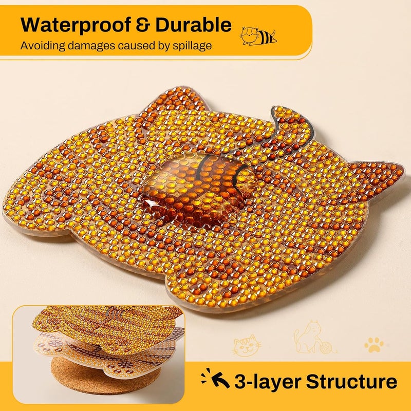 مجموعات أقراص الاستناد للرسم الفني من سنوفيد دايموند (Snuvid Diamond Art Painting Coasters Kits)، تحتوي على 8 قطع من أقراص الاستناد على شكل مؤخرة القط مع حامل للبالغين، مجموعات حرفية للرسم بالنقاط غير الزلقة، هدايا مضحكة لمحبي القطط للنساء. - Image 4