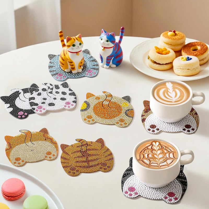 مجموعات أقراص الاستناد للرسم الفني من سنوفيد دايموند (Snuvid Diamond Art Painting Coasters Kits)، تحتوي على 8 قطع من أقراص الاستناد على شكل مؤخرة القط مع حامل للبالغين، مجموعات حرفية للرسم بالنقاط غير الزلقة، هدايا مضحكة لمحبي القطط للنساء. - Image 5