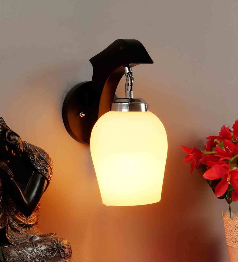 SINOMAN Brown Wooden Wall Lamp with Frosted Glass Shade Modern Home Lighting Decorative Indoor Wall Light Fixture for Living Room, Bedroom, Hallway, Shops, Malls (Without Bulb) - Image 1