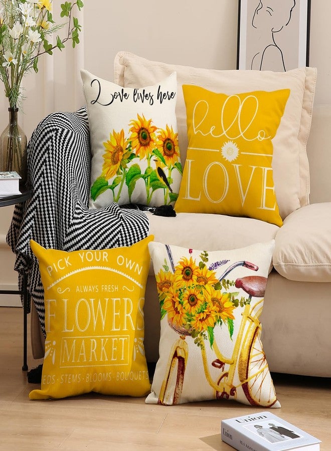 F Finerease Decorative Throw Pillow Cover Plant Sunflower - 18 x 18 Flower Bike Pillow Cushion Case - 4 Pack Yellow White Linen Square Pillow Cushion Cover, Great for Couch, Patio, Chair, Living Room Decor - Image 5