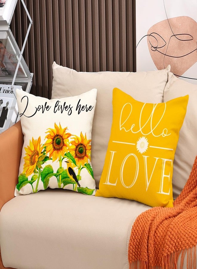 F Finerease Decorative Throw Pillow Cover Plant Sunflower - 18 x 18 Flower Bike Pillow Cushion Case - 4 Pack Yellow White Linen Square Pillow Cushion Cover, Great for Couch, Patio, Chair, Living Room Decor - Image 4