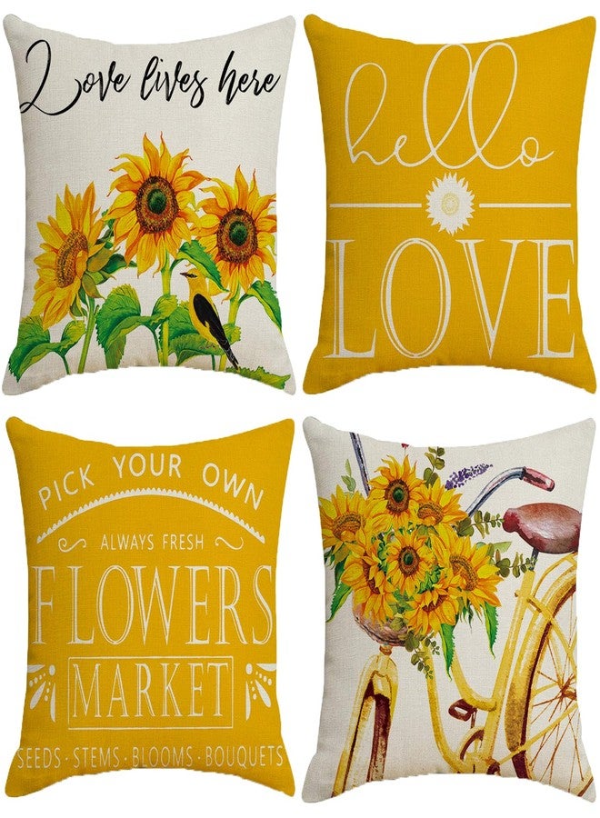 F Finerease Decorative Throw Pillow Cover Plant Sunflower - 18 x 18 Flower Bike Pillow Cushion Case - 4 Pack Yellow White Linen Square Pillow Cushion Cover, Great for Couch, Patio, Chair, Living Room Decor - Image 1