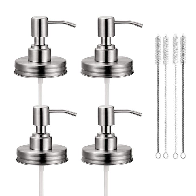 4 PACK MASON JAR SOAP DISPENSER LIDS WITH PUMPS RUSTPROOF STAINLESS STEEL LOTION SOAP DISPENSER LIDS REPLACEMENT FOR 16 OZ REGULAR MOUTH MASON JAR DECOR 4 BRUSHES INCLUDED SILVER