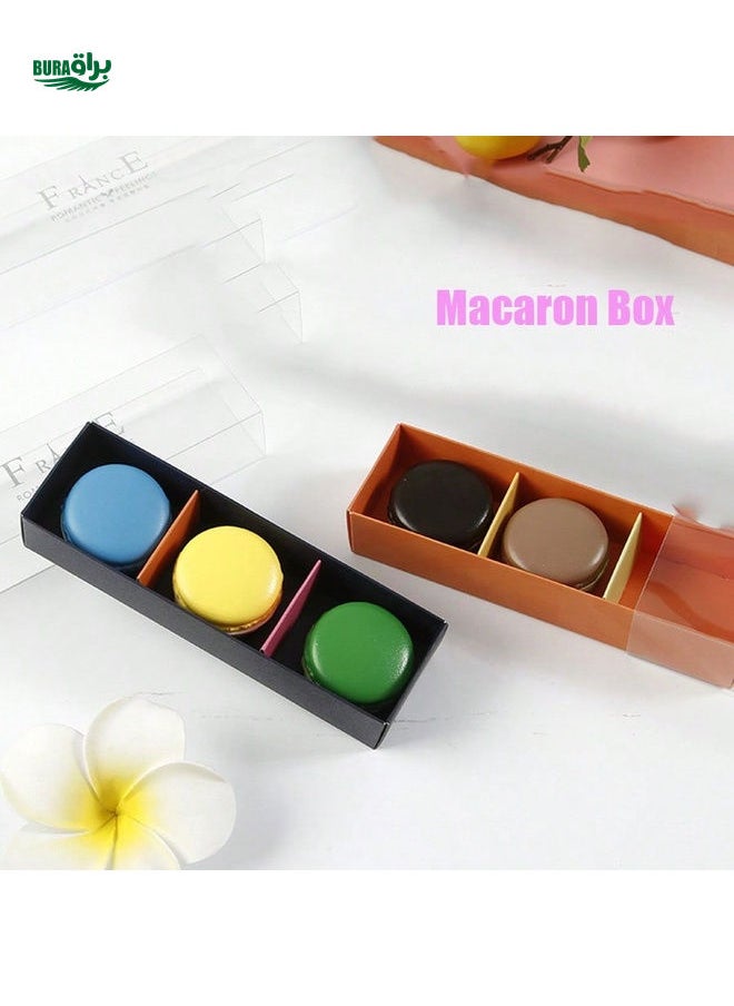 BURAQ - 1pc Korean Style 3-Slot Macaron Packaging Box, Drawer Type, Orange, Navy, Green Colors, Minimal Pattern, Transparent Lid, Suitable For Pastries & Cookies Gifts - Image 1