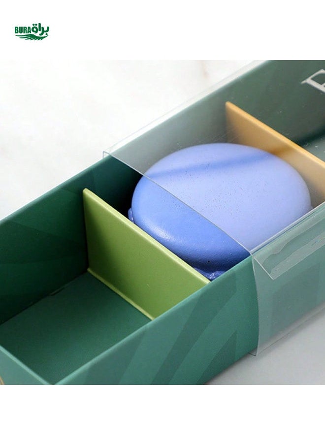 BURAQ - 1pc Korean Style 3-Slot Macaron Packaging Box, Drawer Type, Orange, Navy, Green Colors, Minimal Pattern, Transparent Lid, Suitable For Pastries & Cookies Gifts - Image 1