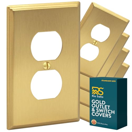 Rio Salto BRASS Gold Metal Outlet Cover or Decorative Light Switch Cover Wall Plate Single Duplex Receptacle Wallplate Covers 1 Gang 4.50" x 2.76" 5-Pack Standard Size Modern Metal Brushed Brass - Image 1