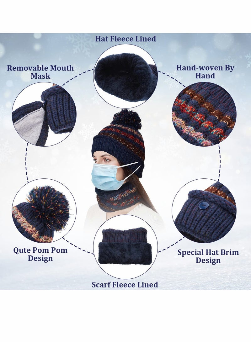 KASTWAVE 3 Pcs Womens Winter Beanie Hat Scarf Mask Golves Set, Warm Fleece Lined Ski Hat with Scarf Face Mask Touchscreen Mitten with Pom Pom for Girls - Image 2