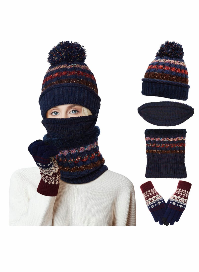 KASTWAVE 3 Pcs Womens Winter Beanie Hat Scarf Mask Golves Set, Warm Fleece Lined Ski Hat with Scarf Face Mask Touchscreen Mitten with Pom Pom for Girls - Image 1