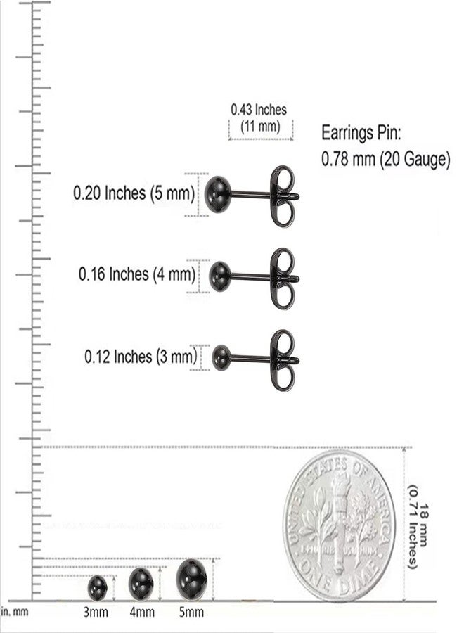 BelezaDosas Titanium Ball Earrings Hypoallergenic Studs for Women Men Sensitive Ears Black 3mm 4mm 5mm Nickle-Free Titanium Backs (3 pairs black) - Image 2