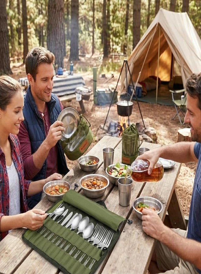 Wealers Unique Complete Messware Kit Polished Stainless Steel Dishes Set| Tableware| Dinnerware| Camping| Buffet| Includes - Cups | Plates| Bowls| Cutlery| Comes in Mesh Bags (4 Person Set) (Green) - Image 4